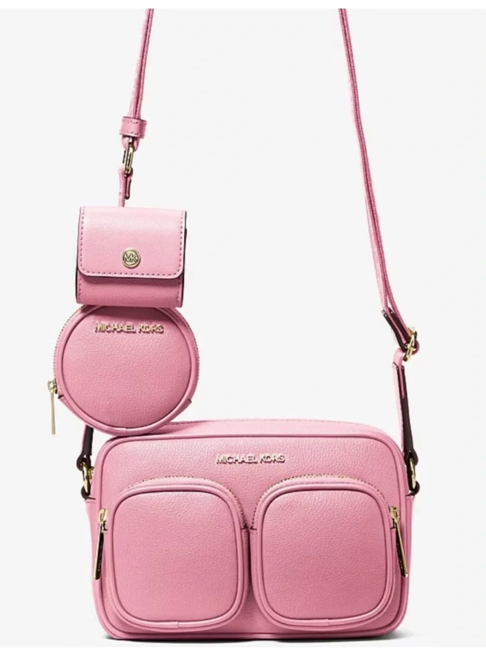 Michael Kors Pink Leather Crossbody Bag with Coin Case and Snap Pouch Carnation